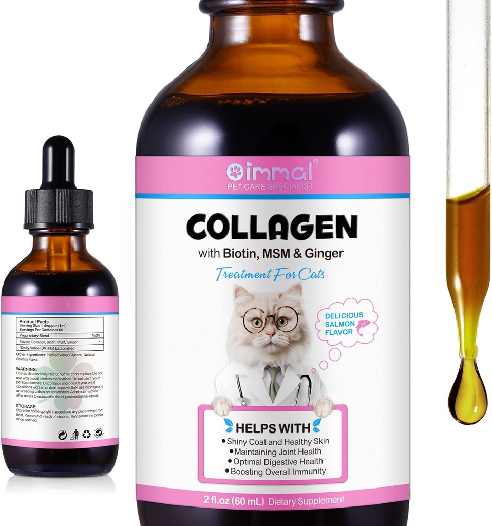 Collagène liquide pour chats La peau et le supplément de manteau pour chats Collagène pour chats Soutien Démangeaison, Collagène de chat mixte santé goutte avec allergies, Collagène Bovin, Vitamine C, Biotine, MSM 2 fl.oz