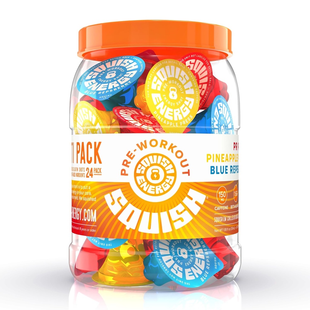 Squish Pre Workout Energy Shots, Beta-Alanin, Citrulline, Koffein, L-Theanin, Alpha-GPC, Pflanzenbasierte Inhaltsstoffe unterstützen und verbessern Workouts, Blue Repsberry, Ananas Press, PR Punch, 24 ct. Jar