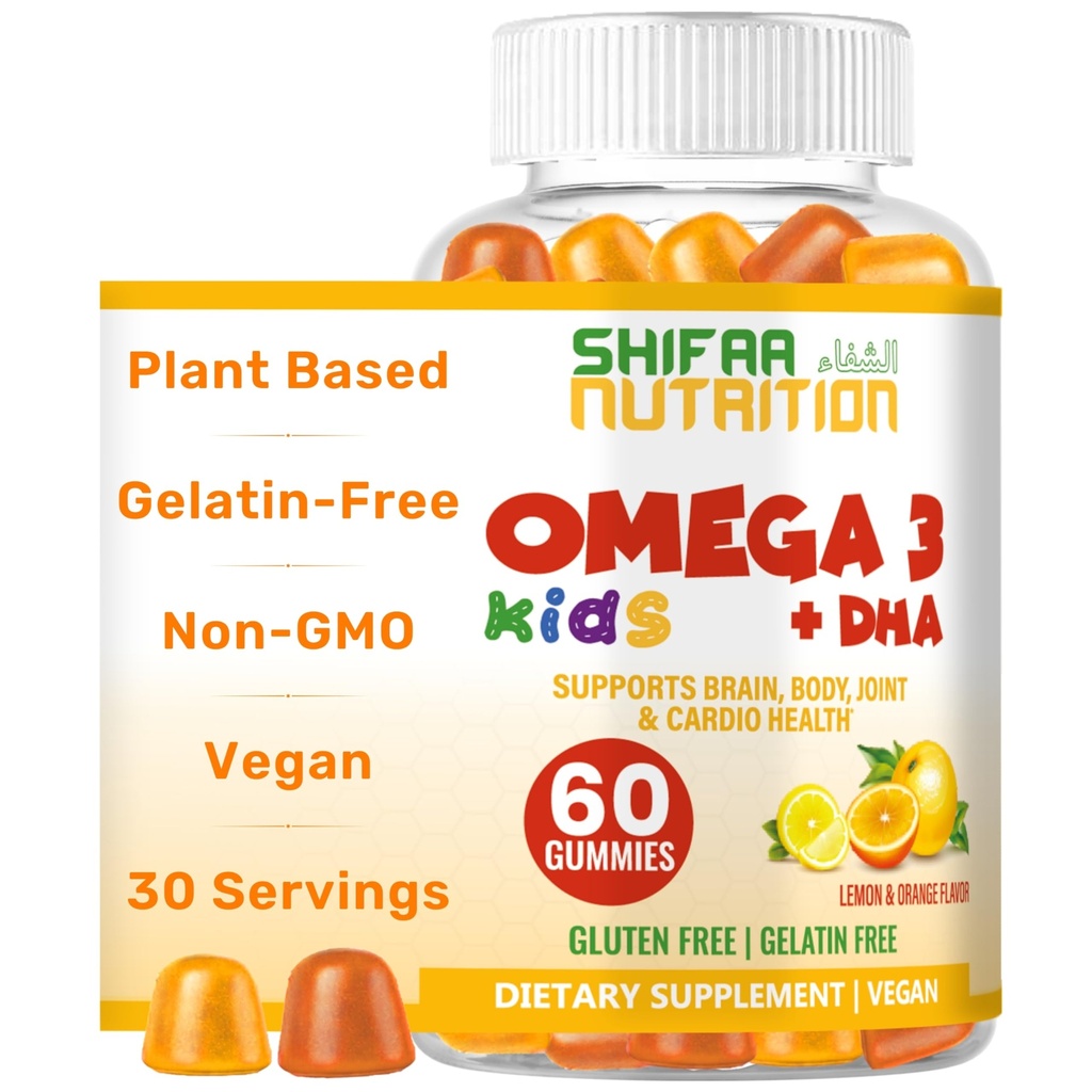 SHIFAA NUTRITION Omega 3 halal pour les enfants avec des gommes DHA pour le développement du cerveau, le coeur et le soutien immunitaire, à base végétale, non-OGM, à base d'algues DHA, sans gluten et sans gélatine enfants Omega 3 Gummies, 30 portions