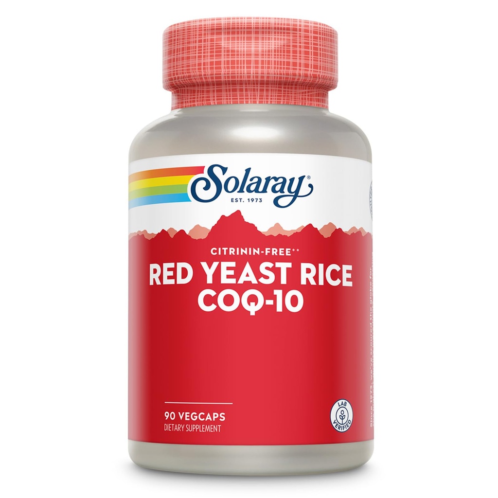 SOLARAY Red Yeast Rice Plus CoQ-10 & No-Flush Niacin Vitamine B-3, Healthy Heart & Cardiovascular Support, Non-ionisé & Citrinine Gratuit, Garantie de remboursement de 60 jours, 90 portions, 90 VegCaps
