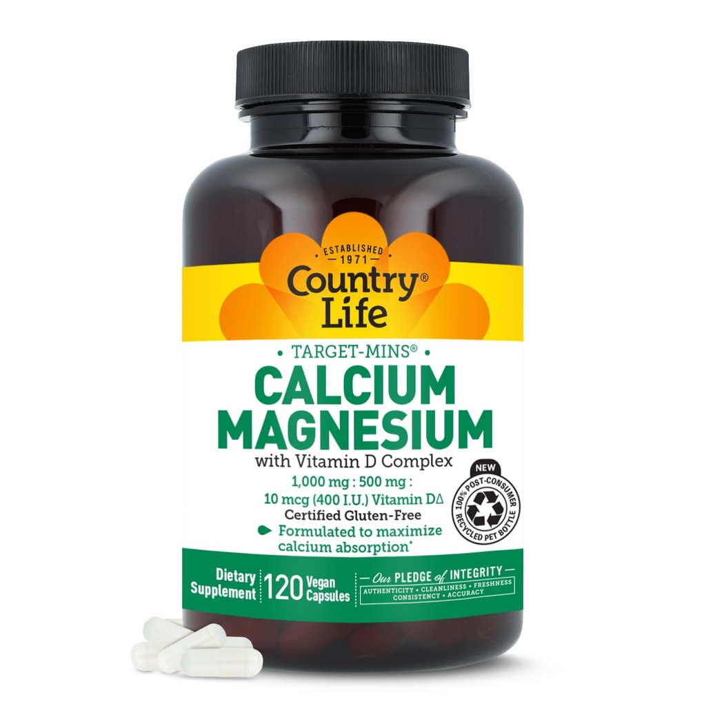 Country Life Target-Mins Calcium Magnesium mit Vitamin D-Komplex, 1000mg/500mg/10mcg, 120 Vegan Kapseln, Certified Gluten Free, Certified Vegan, Verified Non-GMO Verified