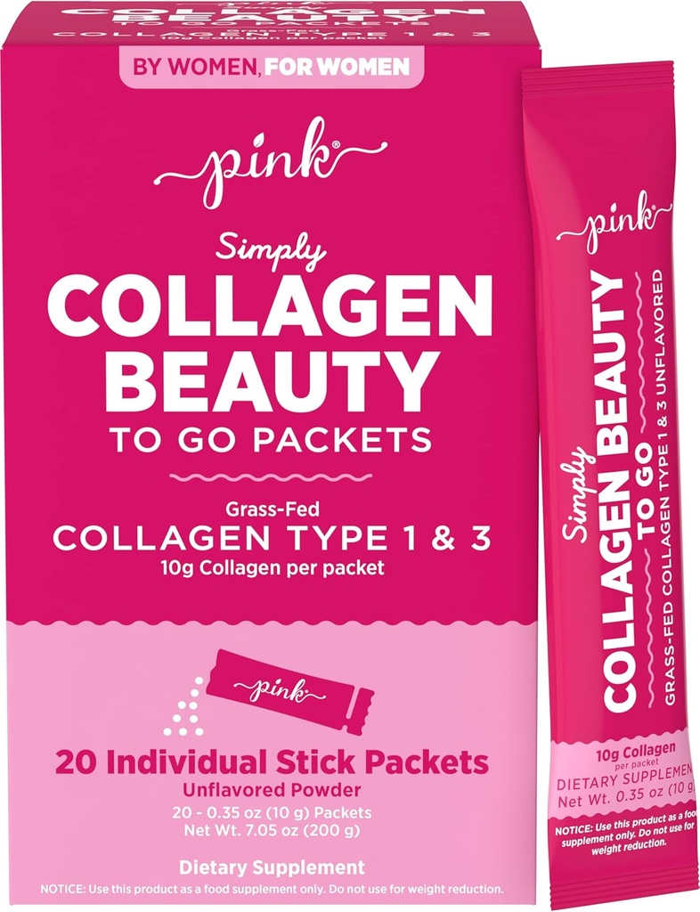 PINK Collagen Pulver zu gehen | 20 Travel Packets | Unflavored Powder Type 1 & 3 | Glutenfrei & Non-GMO Gras Fed Peptide