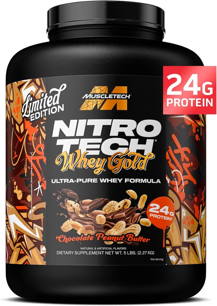MuscleTech Whey Protein Powder (Chocolate Peanut Butter, 5LB) - Nitro-Tech Whey Protein Isolate Smoothie Mix für Lean Muscle & Fast Recovery - 24g Whey Gold Protein für Damen und Herren - Glutenfrei