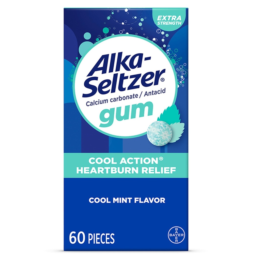 Alka-Seltzer Cool Action Heartburn Relief Gum, Gum antiacide extra-résistance, indigestion acide et soulagement de l'estomac relevé, pas de goût blanc, goût de menthe fraîche, 60 comte