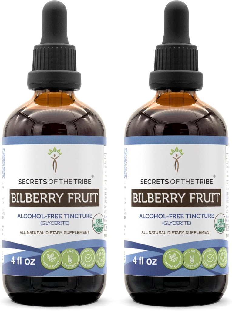 Secrets of the Tribe Bilberry Fruit Alcohol-Free Liquid Extract, USDA Organic Bilberry (Vaccinium Myrtillus) Getrocknete Früchte Tinkture Supplement (2x4 FL OZ)