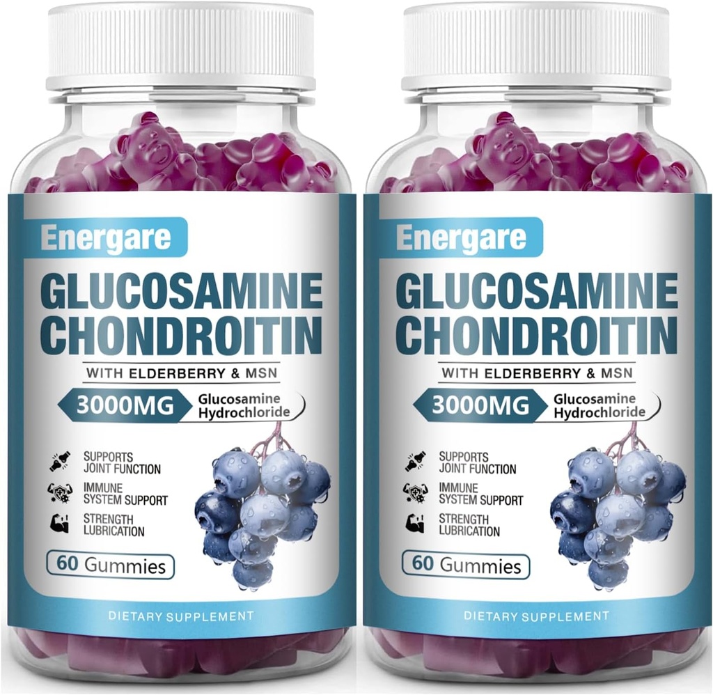 2 Pack 3000mg Glucosamine Chondroitin with MSM Gummies & Elderberry, Extra Strength Joint Support Health, Flexibility, Antioxidant, Immune Supplement Gummy for Adults, Men & Women 120 Counts