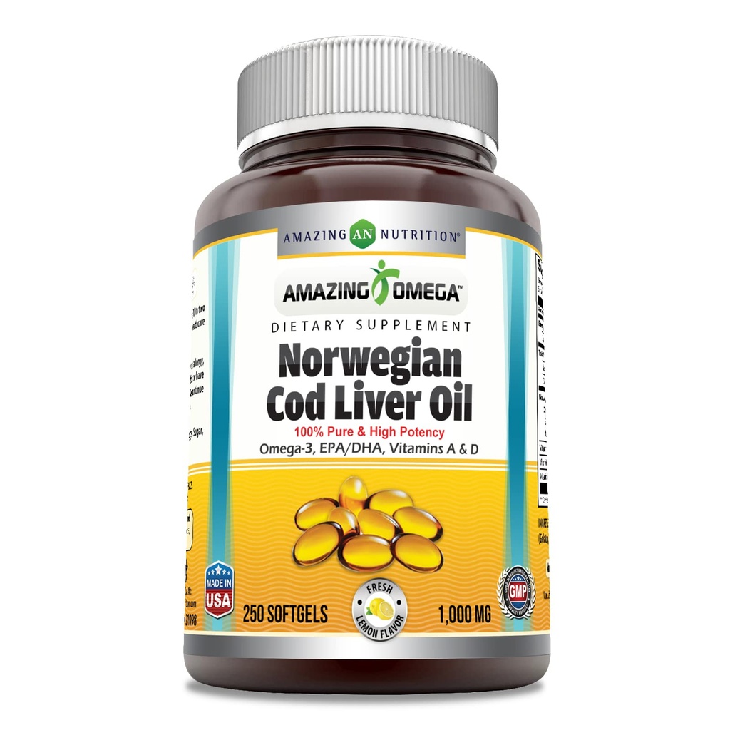Erstaunlich Omega Norwegian Cod Liver Oil 1000 Mg 250 Softgels | Zitronengeschmack