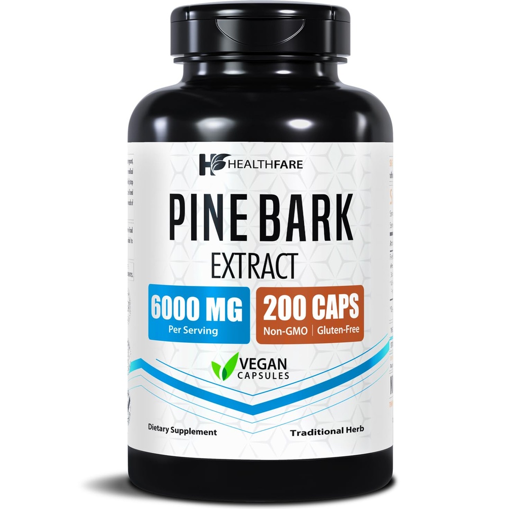 Healthfare Pine Bark Extract 6000mg Français Maritime , 200 Capsules Vegan , 95 % Standardisé OPC Proanthocyanidines , Supplément à base de plantes antioxydantes , Non-OGM , sans gluten , Fabriqué aux États-Unis