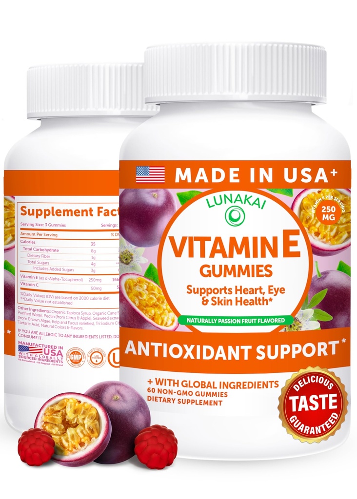 Lunakai USA fait vitamine E Gummies 400IU avec vitamine C - Delicious, Vegan, Supplément non-OGM pour le soutien quotidien de la peau et des yeux, 60ct