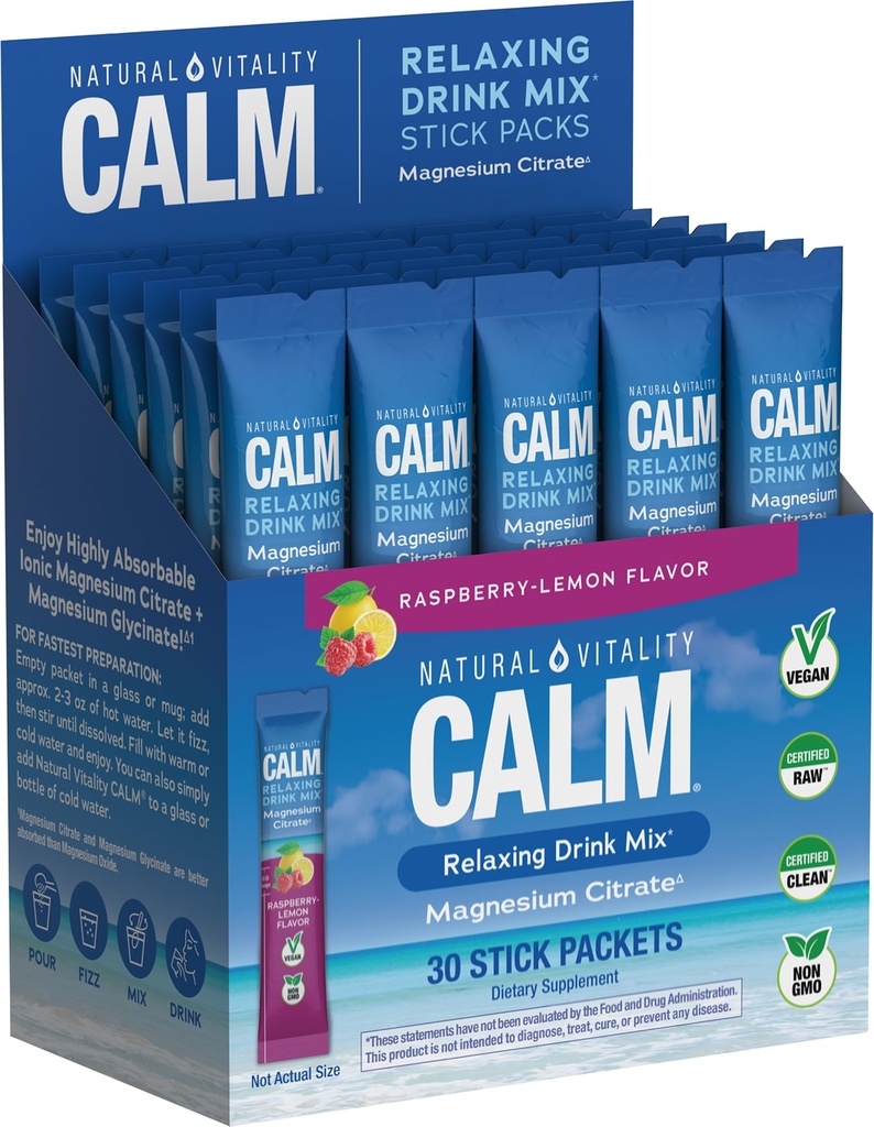 Natürliche Vitalität Calm, Magnesium Citrat-Ergänzung, Anti-Stress-Getränk-Mischpulver - Glutenfrei, Vegan, & Non-GMO, Himbeer Zitronen, 0,12 Unzen, 30 Packungen
