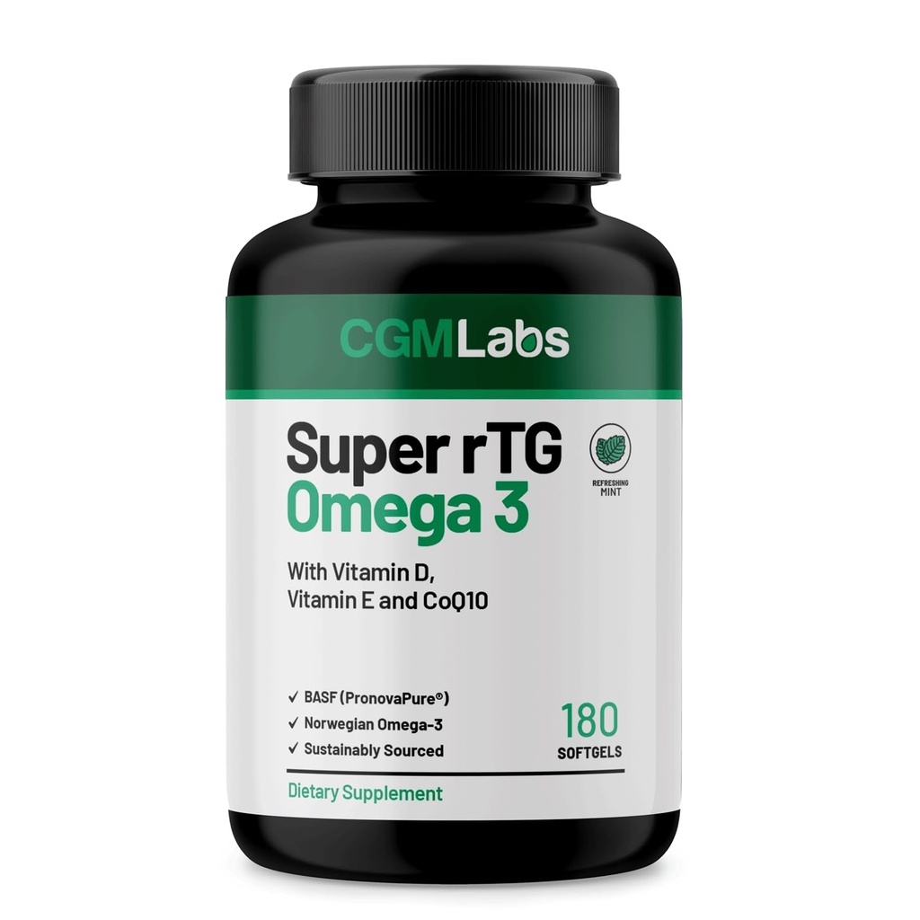 rTG Omega 3 Norwegisches Fischöl mit CoQ10 Nahrungsergänzung - Herzgesundheit & Antioxidans Unterstützung mit Vitaminen D & E – 2000 mg Sustainable Sourced – Super rTG Omega 3, 180 Softgels von CGM Labs