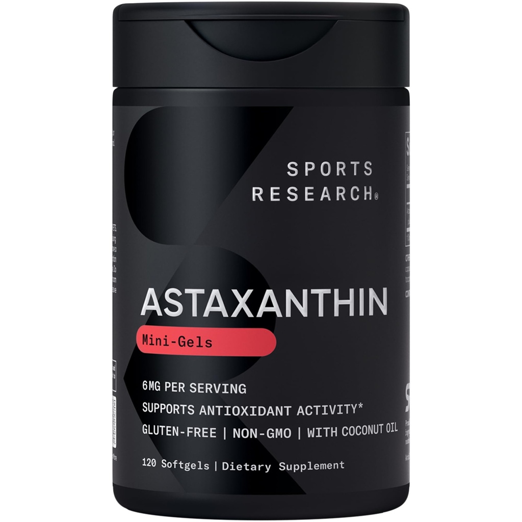 Sportforschung Triple Strength Astaxanthin Supplement (6mg) mit Bio Kokosöl für Antioxidantien, Haut- und Augengesundheitsunterstützung - Non-GMO Verified & Gluten Free - 120 Softgels