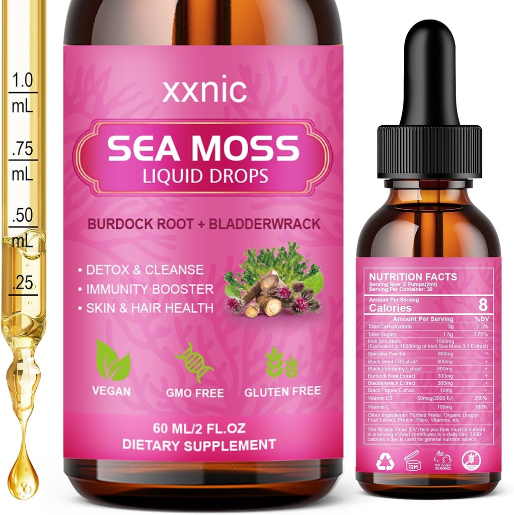 Sea Moss Advanced Liquid Drops, 3000mg Bio Sea Moss Liquid mit schwarzem Seed Oil & Irish Seamoss Gel, Raw Sea Moss Unterstützung Immunität, Joint, Digestive Health, 60mL-L8