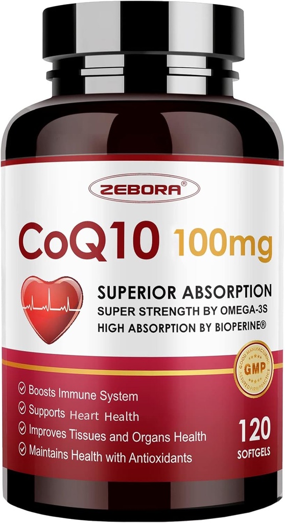 CoQ10-100mg-Softgels avec PQQ, BioPerine et Omega-3, Coenzyme Q10 Supplément pour haute absorption, puissant antioxydant, support coeur et production d'énergie