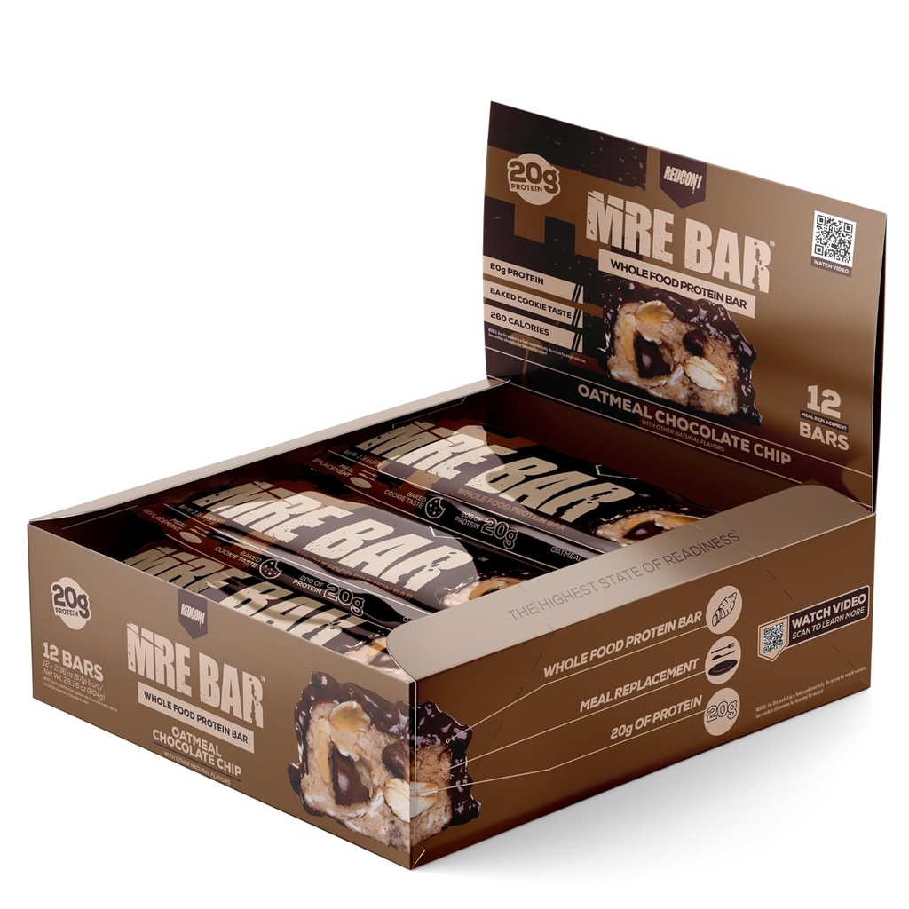 REDCON1 MRE Protein Bar, Oatmeal Chocolate Chip - Enthält MCT Oil + 20g Ganzes Lebensmittelprotein - leicht nachweisbar, Macro Balanced Low Sugar Meal Replacement Bar (12 Bars)