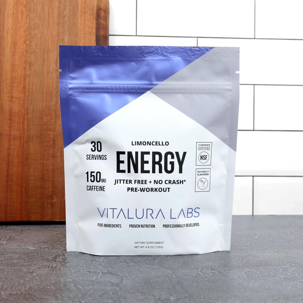 Vitalura Labs Pre-Workout Powder - Koffein, Theacrine, Rhodiola & L-Theanin für Energie & Endurance - NSF Inhalt zertifiziert - Limoncello Flavored - 30 Servietten