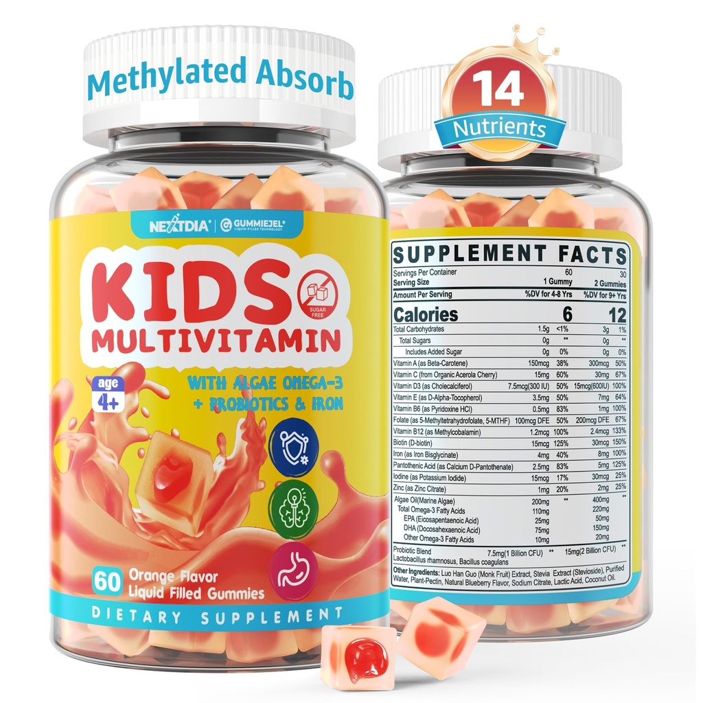 Kinder Multivitamin-Gummien mit Eisen, Zuckerfrei, Kinder Tägliche Vitamine + Probiotika, Algae Omega 3 (EPA/DHA), A, C, D, Methyl B12, Folate, B6, Zink, Biotin, für gesundes Wachstum, Immununterstützung, 60 Count