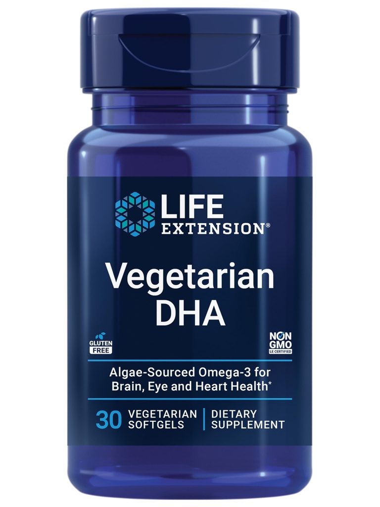 Extension de vie Végétarien DHA, Oméga-3 des algues pour la cognition, l'humeur et la santé des yeux, sans gluten, non OGM, végétalien, 30 softgels