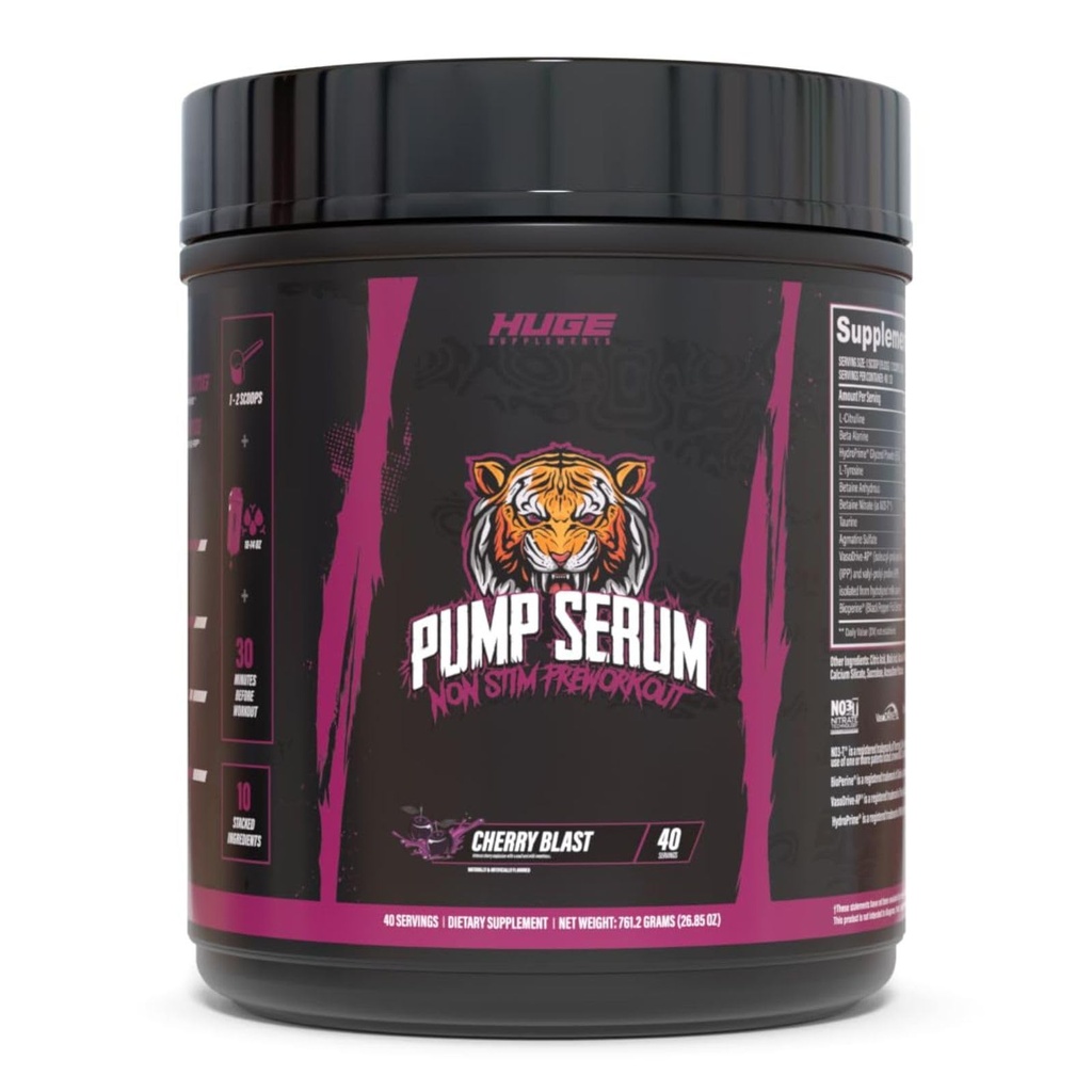 Riesige Ergänzungen Pumpe Serum, Stim Free Pre Workout und Nitric Oxide Booster zu verbessern Fokus, Pumpen, Fulness mit Kein Koffein, L-Citrulline, GlycerPump, L-Tyrosin, Nitrosigine (Cherry Blast)