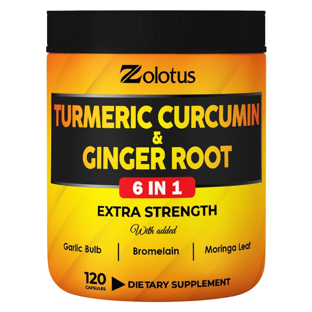 6 in 1 Turmeric Curcumin + Ginger Capsules, 95% Curcuminoide mit Ginger, Knoblauch Bulb, Bromelain, Moringa, Black Pepper - 120 Kapseln