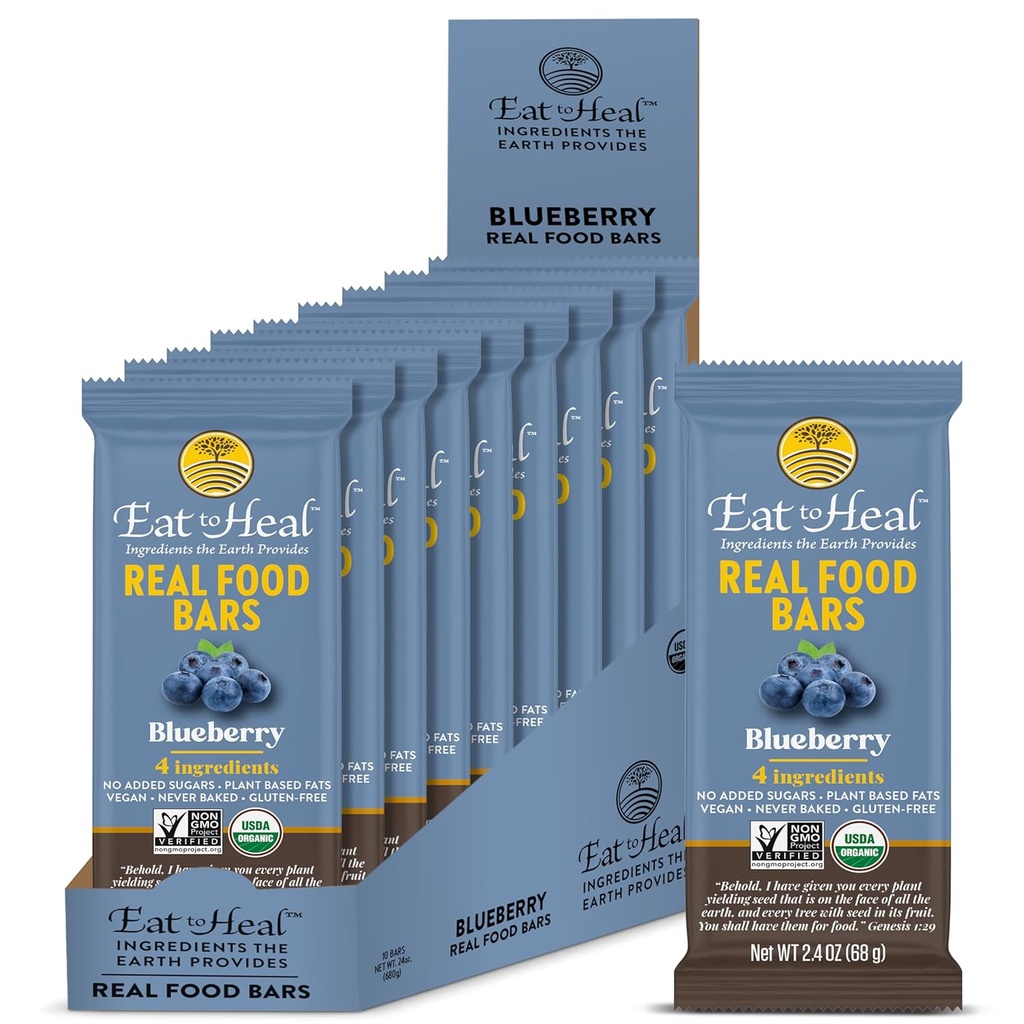 EatToHeal Blueberry Real Food Bar - Bio Protein Bars, Vegan Food, Healthy Gluten Free Protein Food - Low Sugar Protein Bars, Non GMO, Never Baked, Plant Based Organic Snacks - Hergestellt zum Genießen
