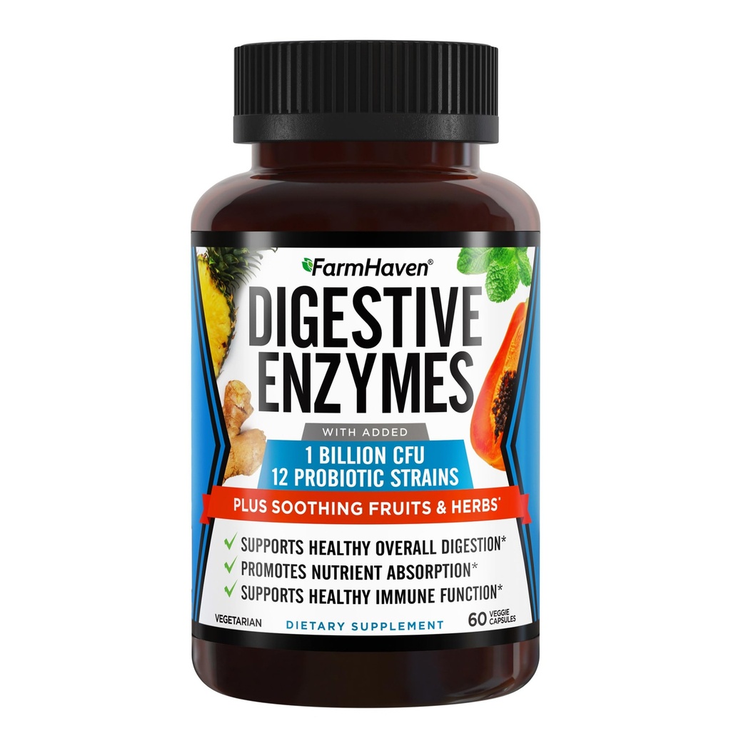 FarmHaven Verdauungsenzyme mit 18 Probiotika & Kräuter | Papaya, Bromelain, Protease & More für Lactose Absorption &amp; bessere Verdauung | Hilft Bloating, Gas, Verbrauch | Vegetarisch, 60 Kapseln