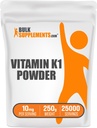 BulkSupplements.com Poudre de vitamine K1 - Supplément de vitamine K1 pour la santé des os et du coeur - Sans gluten, 10mg par portion, 250g (8,8 oz) (paquet de 1)