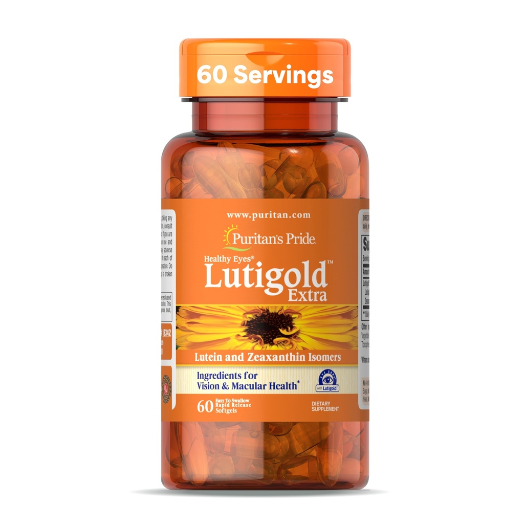 Puritan's Pride Premium Healthy Eyes LutigoldTM Extra Lutein avec Meso-Zeaxanthin et Zeaxanthin pour hommes et femmes, Vision Health Support, 2 mois d'approvisionnement, 60 softgels à libération rapide facile à avaler