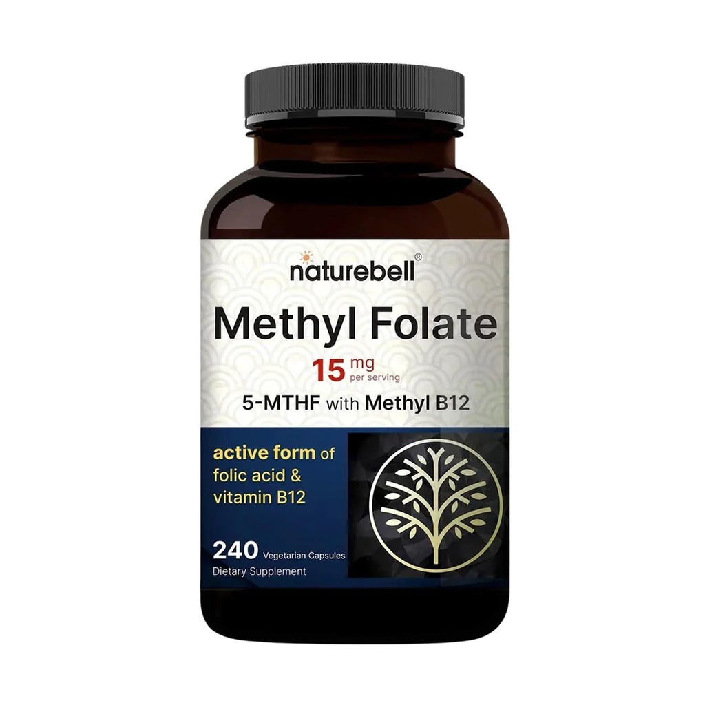 NatureBell Méthyl Folate 15mg - 240 Capsules - 5-MTHF avec méthyl B12-15mg L-méthylfolate et 1 000mcg Vitamine B12 - Supplément énergie et soutien cognitif* - Sans gluten et sans OGM