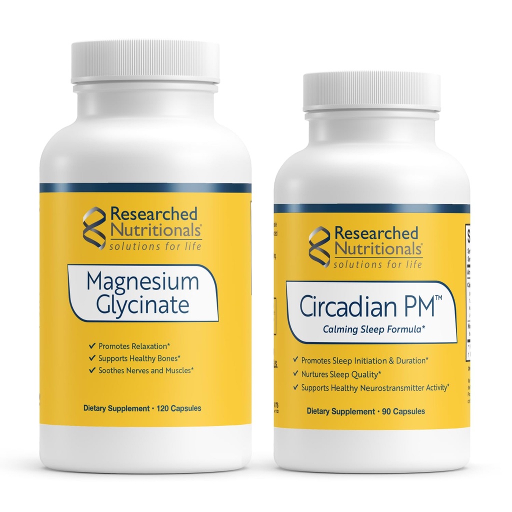 Recherches Nutritionales Soutien nocturne avec PM circadienne et Glycinate de magnésium - 2 produits avec Mélatonine, Valérien, 5-HTP, GABA et un supplément de magnésium