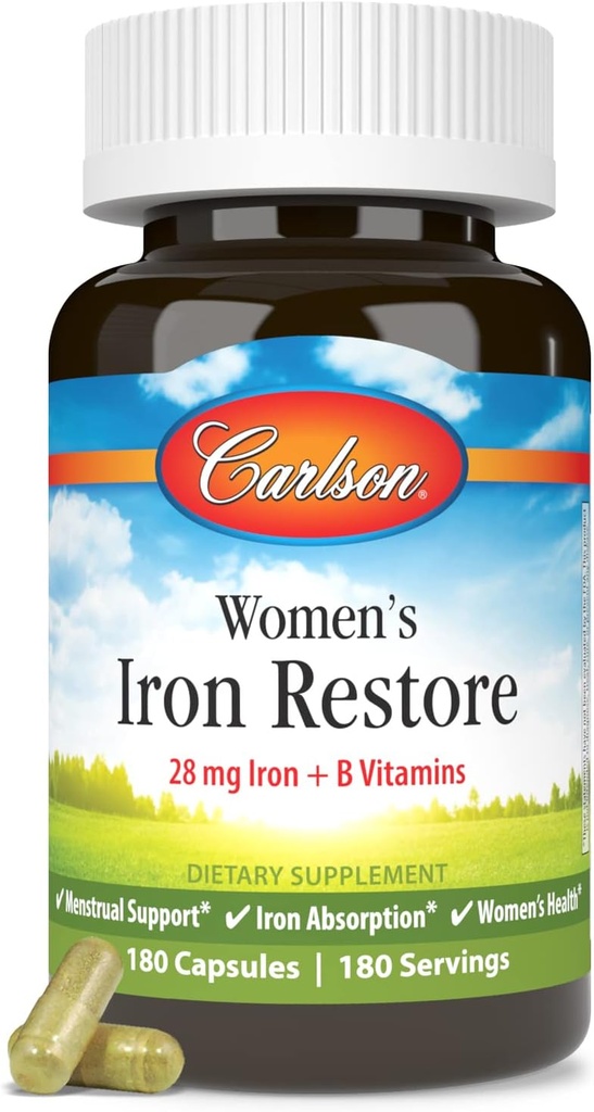 Carlson - Women's Iron Restore, 28 mg Eisen + B Vitamine, Menstrual Support, Eisen Absorption & Frauen Gesundheit, 180 Kapseln