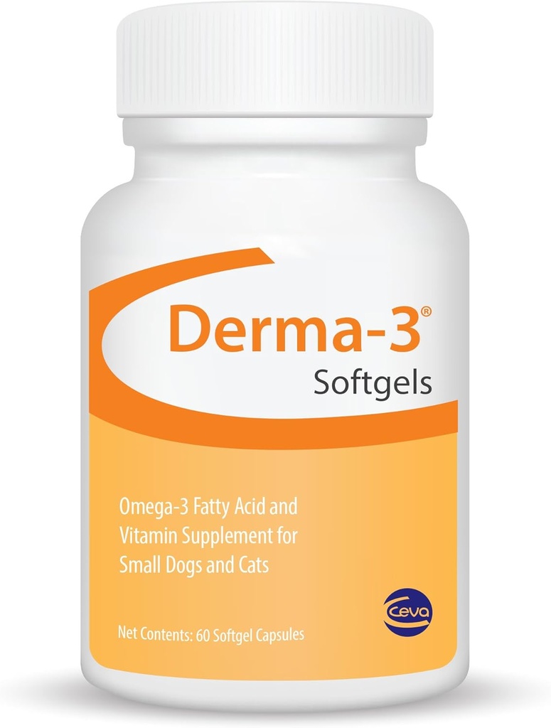 Ceva Derma-3 Softgels, Omega-3 Fettsäuren & Vitamin-Ergänzung für kleine Hunde + Katzen (60 Count)