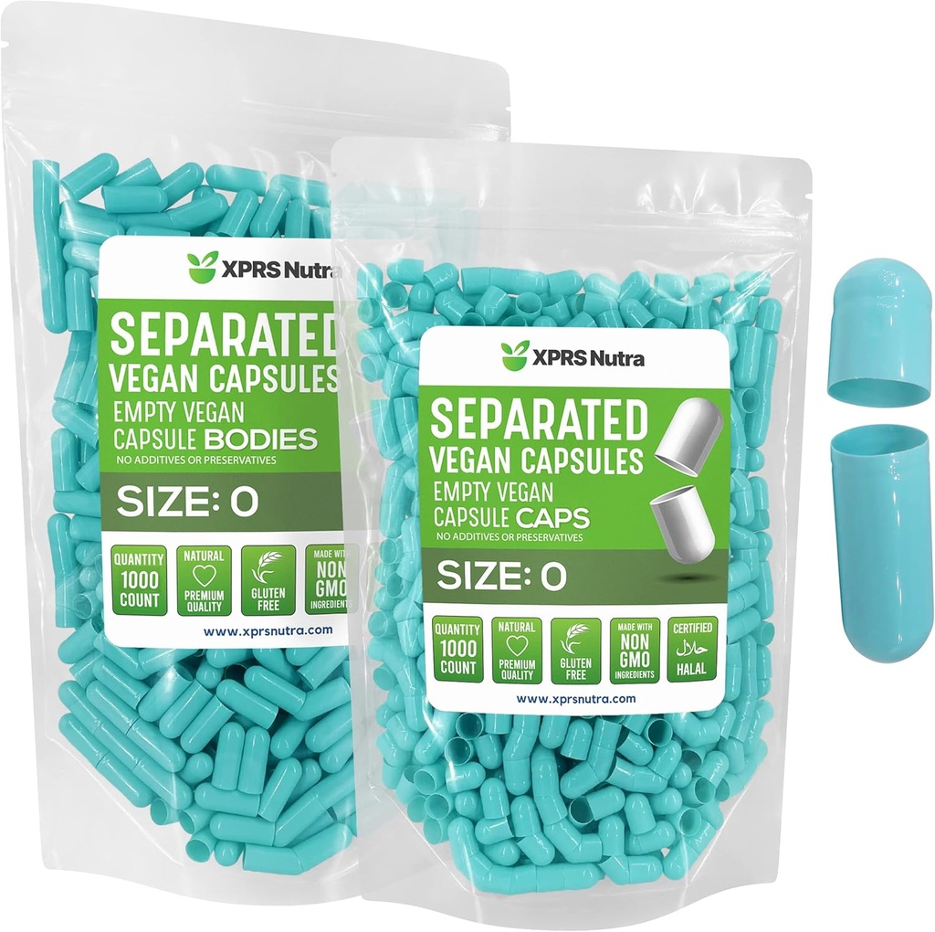 XPRS Nutra Vegan Größe 0 Getrennte Kapseln - 1000 Count Premium Leere Kapseln Getrennt in Taschen - Pillen 0 für DIY Ergänzung Füllung (Aqua)