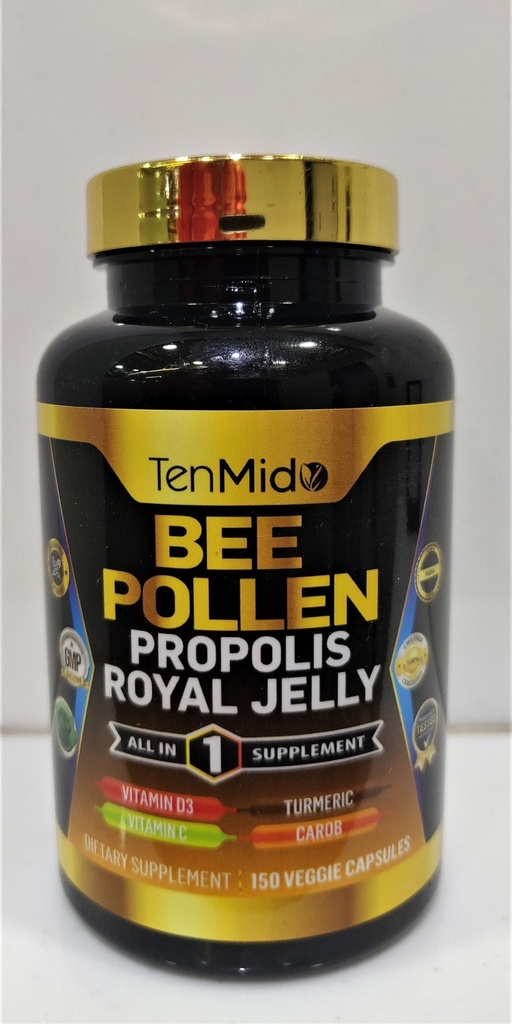 Capsules de pollen d'abeilles pour hommes et femmes, formule 7-en-1 avec propolis, gelée royale, curcuma, caroube et plus - Énergie, ignune, soutien digestif - Riche en nutriments, vitamines - 150 capsules
