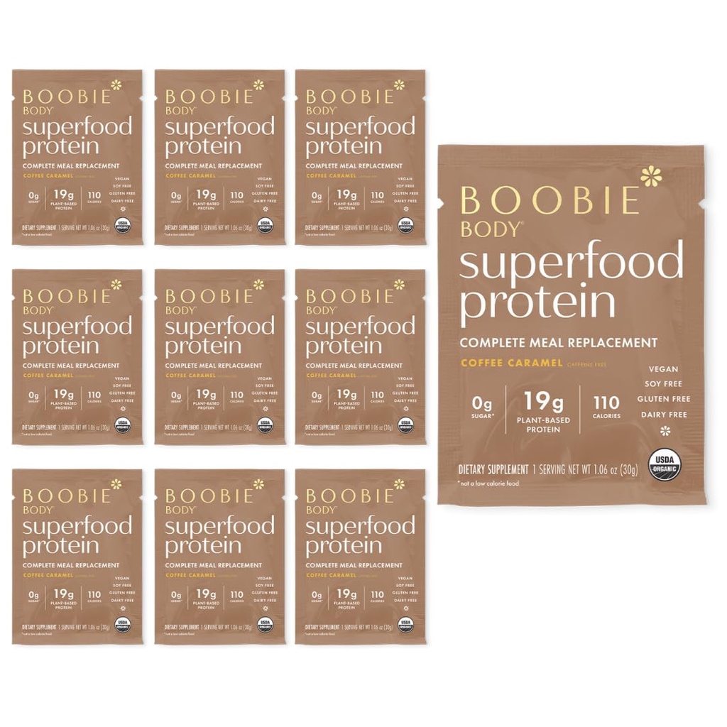 Boobie Body Superfood Protein Meal Ersatz Shake, Kaffee Caramel Flavor | 19g Protein | Safe für Schwangerschaft, Lactation, & Mutterschaft | Organic, Vegan, Zero Sugar, 10 Single Serve Packets (1.06 oz pro Stück)