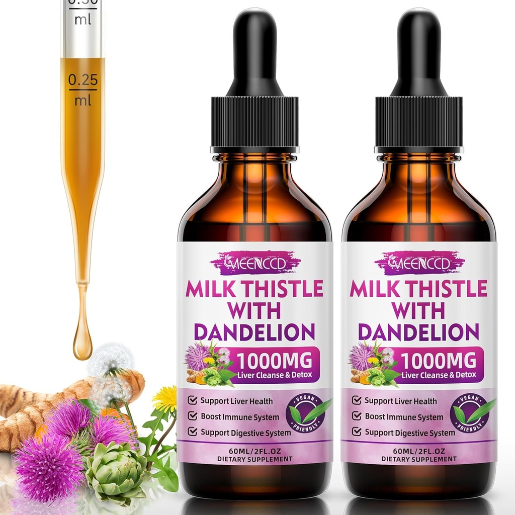 2 Pack Milchdistel flüssige Tropfen - Leberreiniger Detox & Repair - 1000mg Milchdistel Ergänzung für Leberunterstützung, Silymarin Leber Ergänzung für Lebergesundheit, Vegan, Non-GMO, 4 Fl Oz