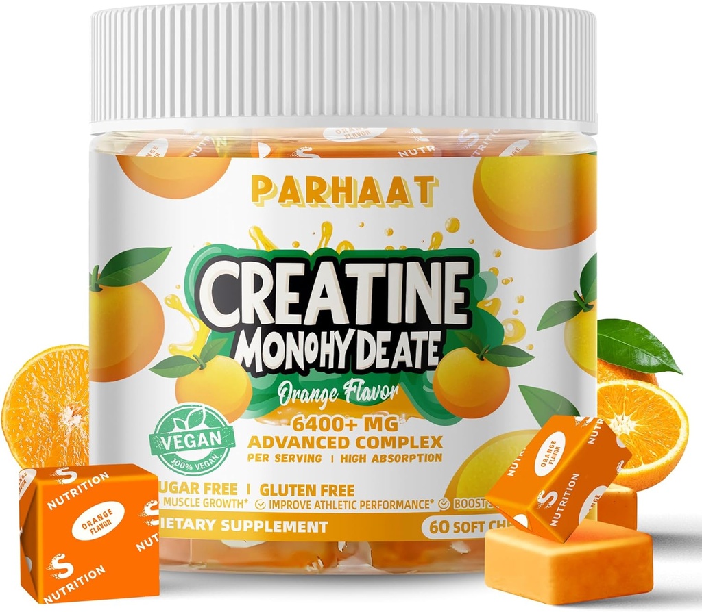 Creatine Monohydrate Chews Complex 6400mg für Männer und Frauen - Fortgeschrittene Formel W/L-Taurine + Vitamin B12, Sugar Free Chewable Supplement,60 Orange Softchews