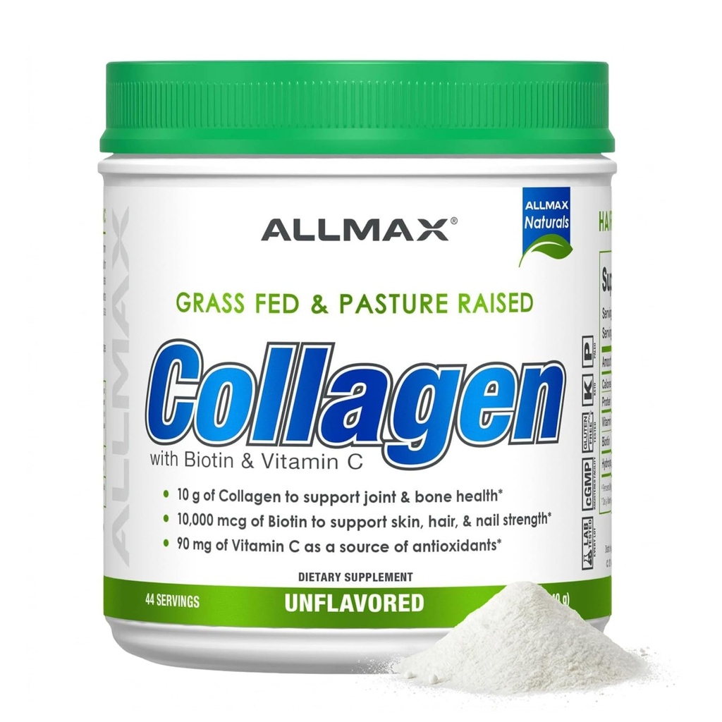 ALLMAX Nutrition Gras Fed & Weide Raised Collagen mit 10.000 mcg Biotin + 90 mg Vitamin C, Unflavored, 15,5 oz (440 g)