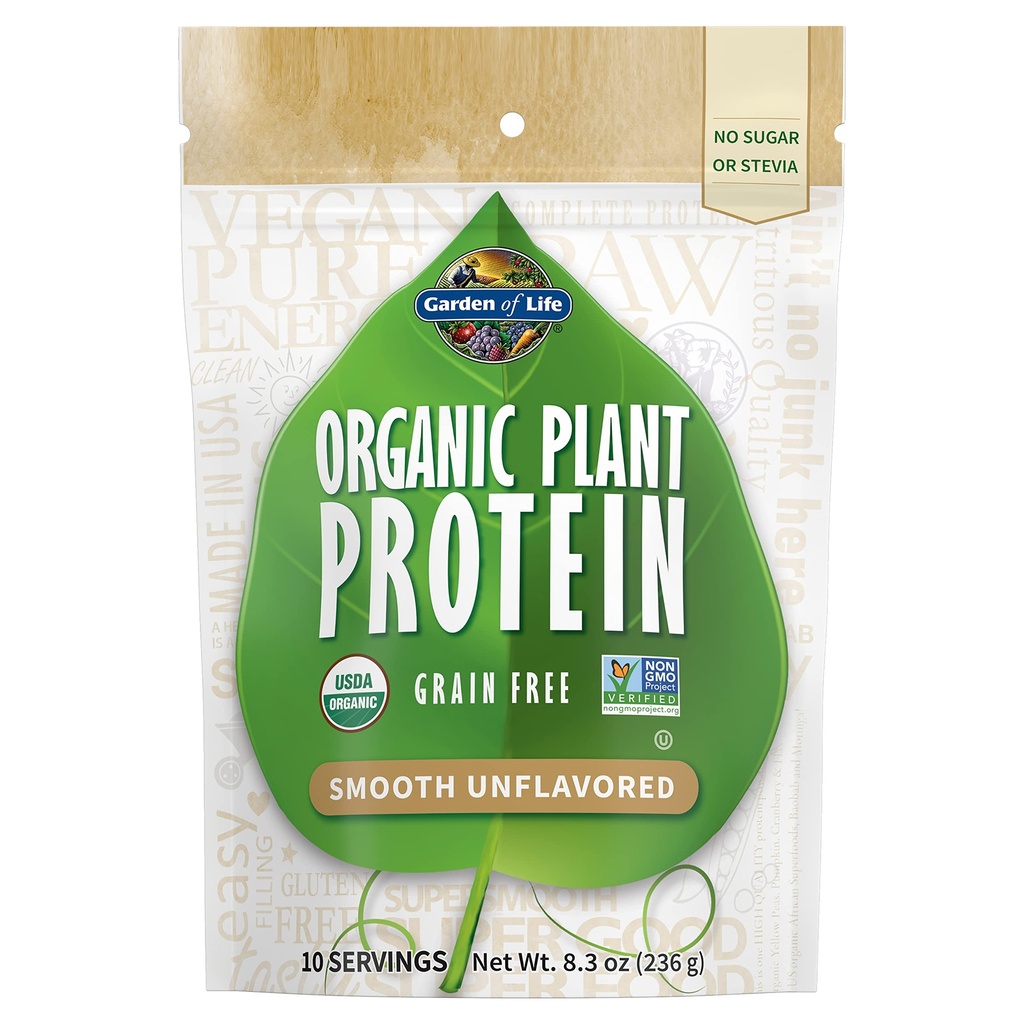 Jardin de la vie Protéines végétales organiques Poudre sans saveur, 10 portions - Vegan, sans grains et sans gluten à base de protéines, 1B CFU probiotiques et enzymes, sans sucre ou Stevia, 15g de protéines