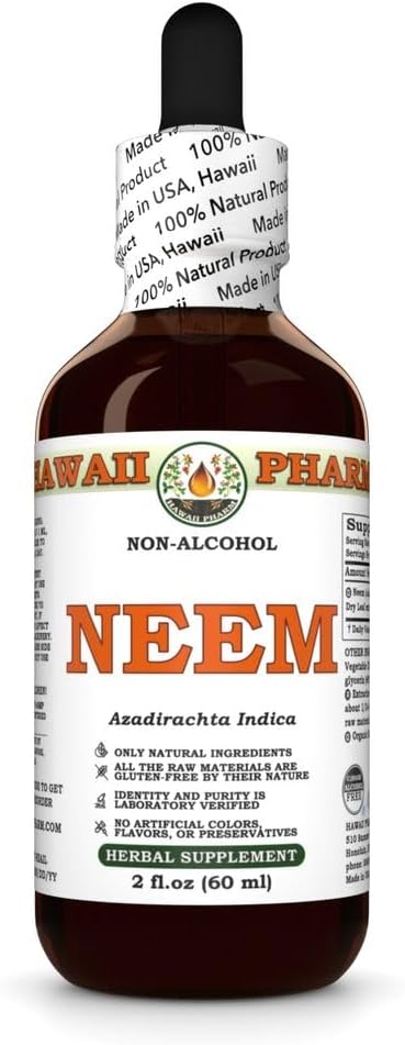 Neem Alcohol-Free Liquid Extract, Organic Neem (Azadirachta Indica) Dried Leaf Glycerite Natural Herbal Supplement, Hawaii Pharm, USA 2 fl.oz