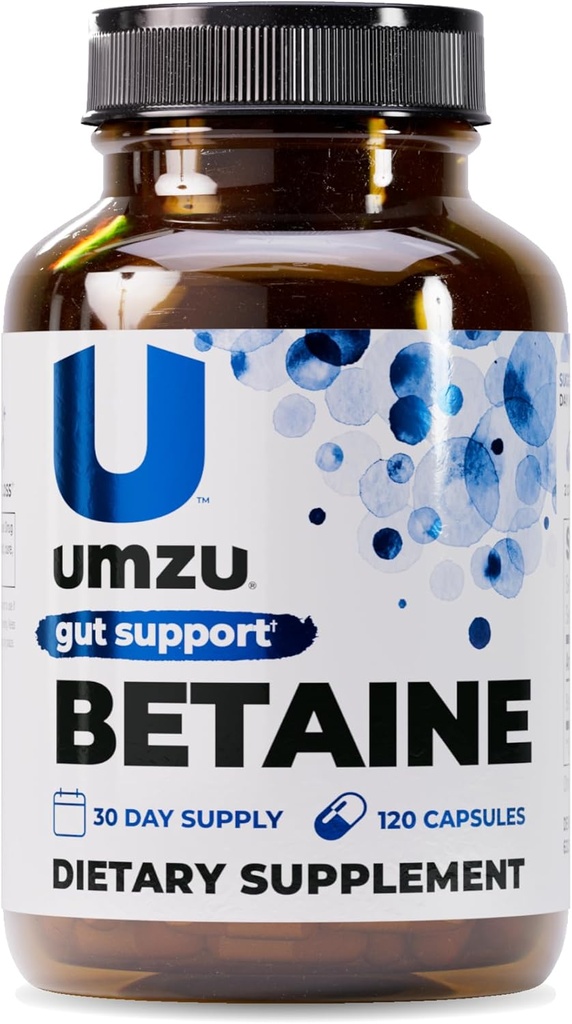UMZU Betaine HCl Supplement | Digestive Support, Gastric Comfort, Nutrient Absorption & Cardiovascular Support | Natural Digestion & Gut Health Aid (120 Capsules)