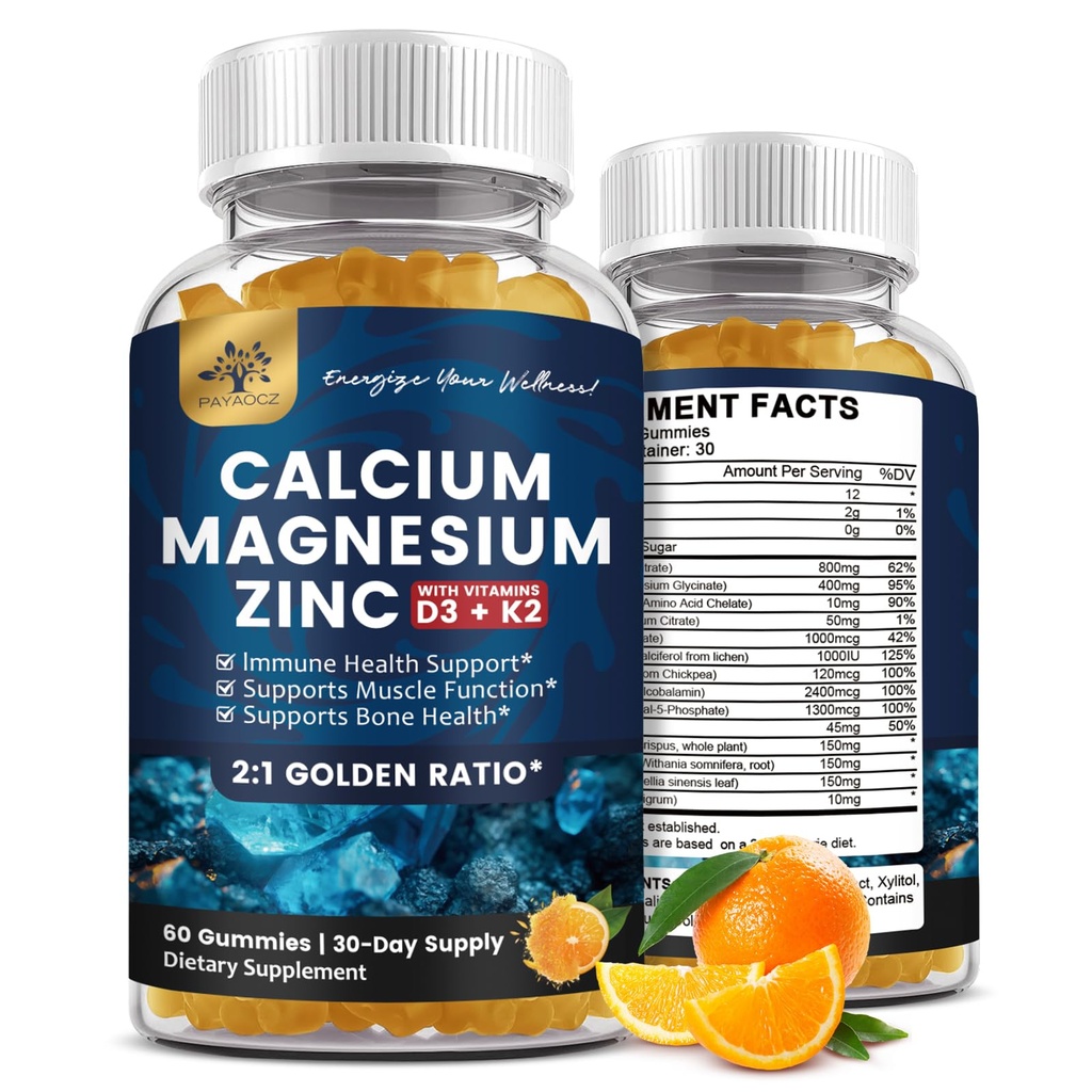 (2 Pack) Calcium Magnesium Zink-Gummien mit Vitamin D3, K2, B12 & B6 für Erwachsene, Zuckerfreies Magnesium-Glycinat mit Kalium-Meer-Masse, Calcium-Zitrat für Knochen-Mood & Schlaf-Unterstützung
