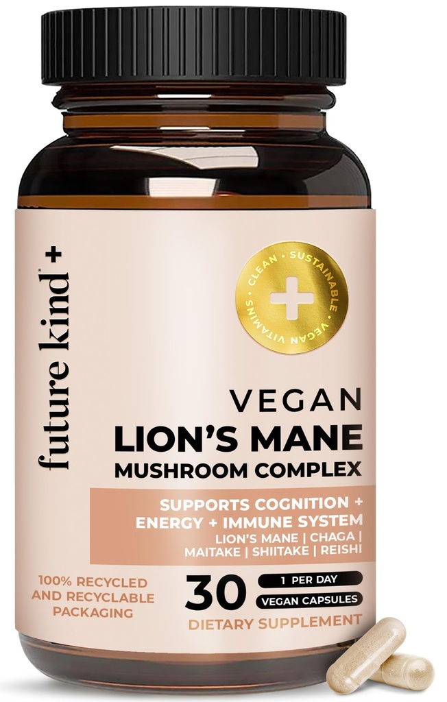Future Kind Vegan Lion's Mane Mushroom Complex - Brain Supplement mit Chaga, Maitake, Shiitake, & Reishi, unterstützt Gedächtnis und Fokus (30ct)