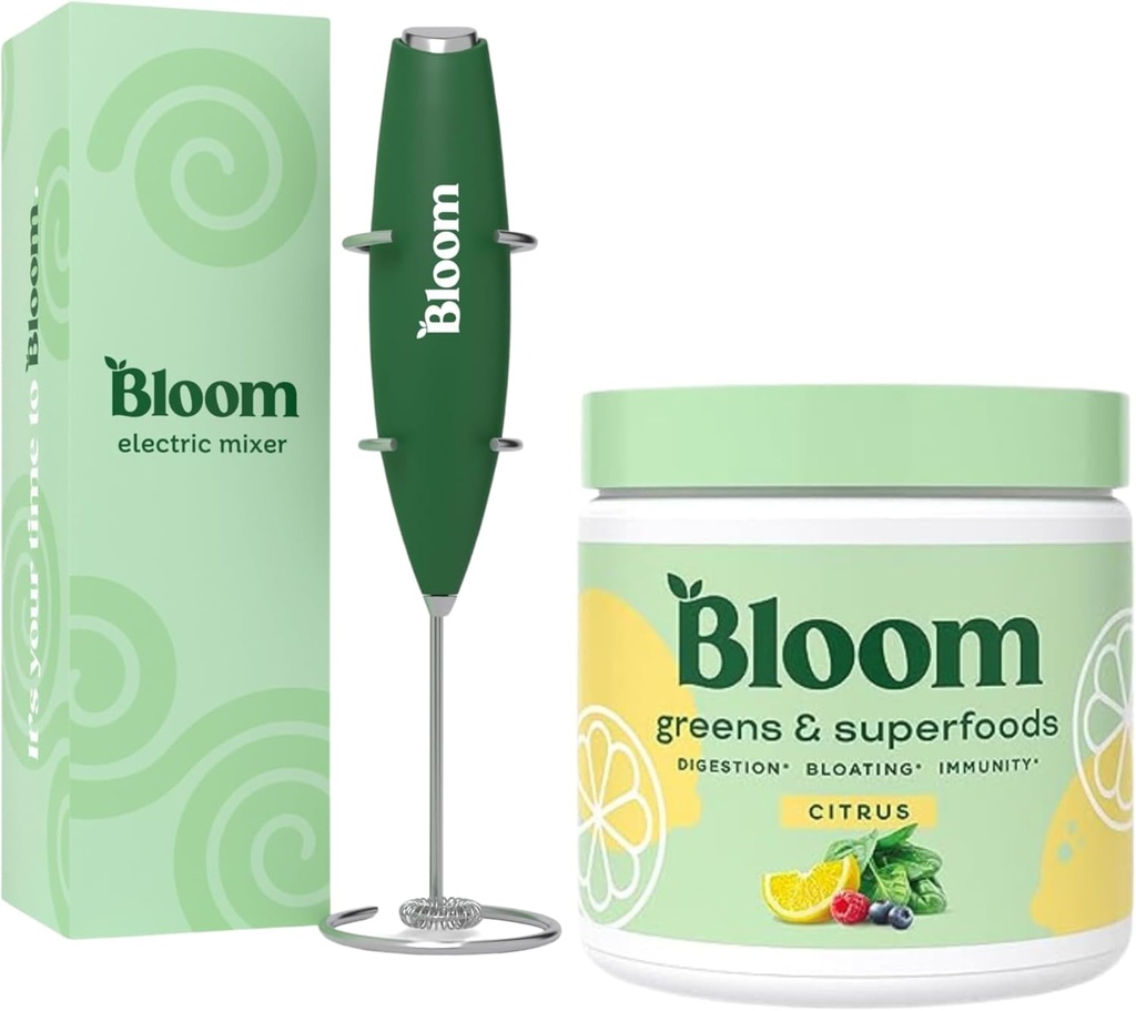 Bloom Nutrition Superfood Greens Powder, Verdauungsenzyme mit Probiotika und Präbiotika, Gut Health, Bloating Relief, Citrus + Milch Frother High Powered Hand Mixer
