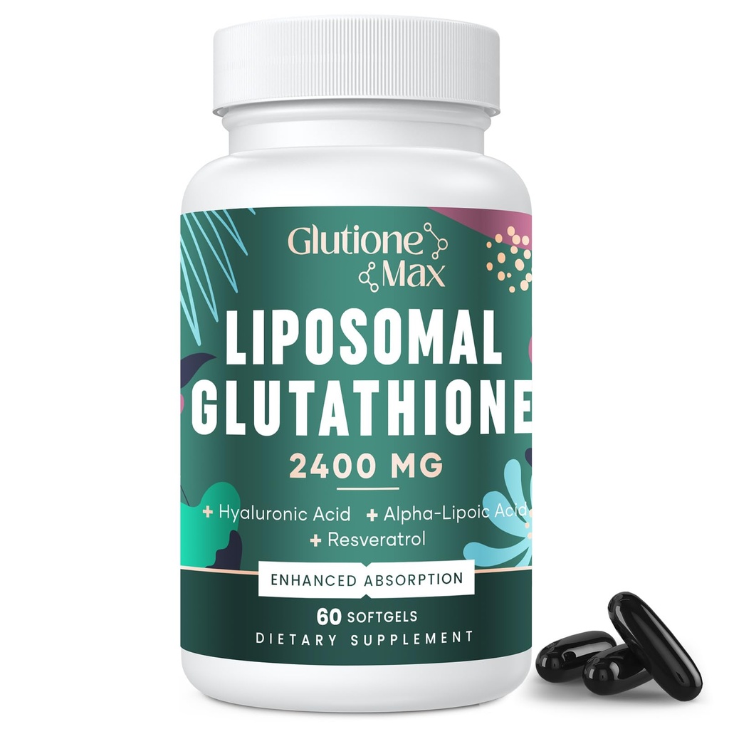 8-en-1 Glutathion liposomique 2400 MG, formule antioxydante à absorption élevée – avec acide hyaluronique, acide alpha-lipoïque, resvératrol - peau, détox hépatique et système immunitaire, 60 softgels