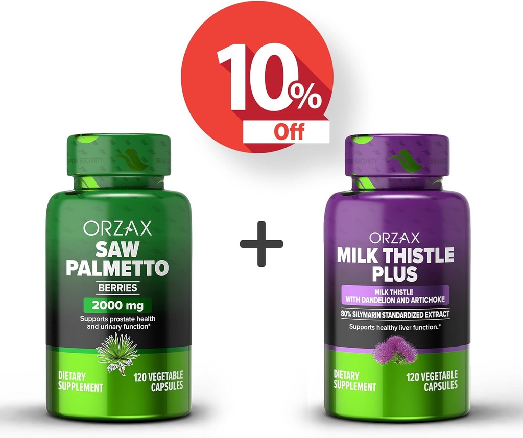 OrzAX Saw Palmetto 2000 mg 120 Capsules et Thistle de Lait Plus avec Dandelion 120 Capsule Vegatable, ensemble