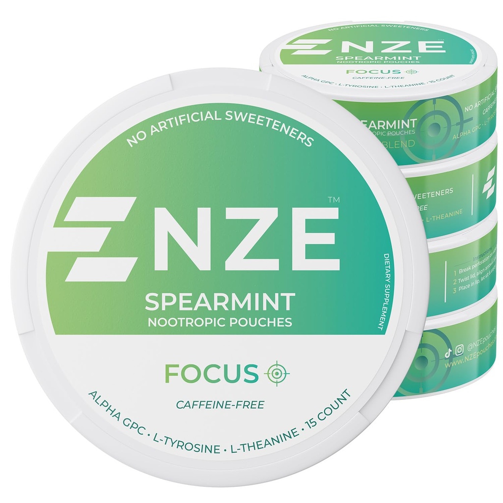 NZE Koffeinfreie Nootropic Pouches (Spearmint) - Nootropic Pouches mit Alpha GPC, L-Tyrosin & L-Theanin - Kein Zucker oder künstliche Süßstoffe - 15 Nikotinfreie Pouches pro Dose - 5 Packung