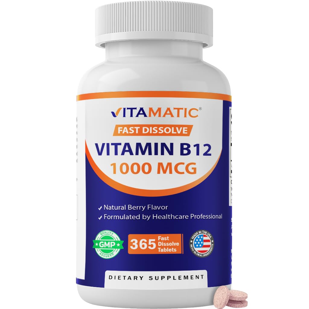 Vitamine Vitamatique B12 1000 mcg Dissolve rapide – 365 Comprimés – Saveur de Berry Naturel – soutient le métabolisme énergétique et la santé du système nerveux