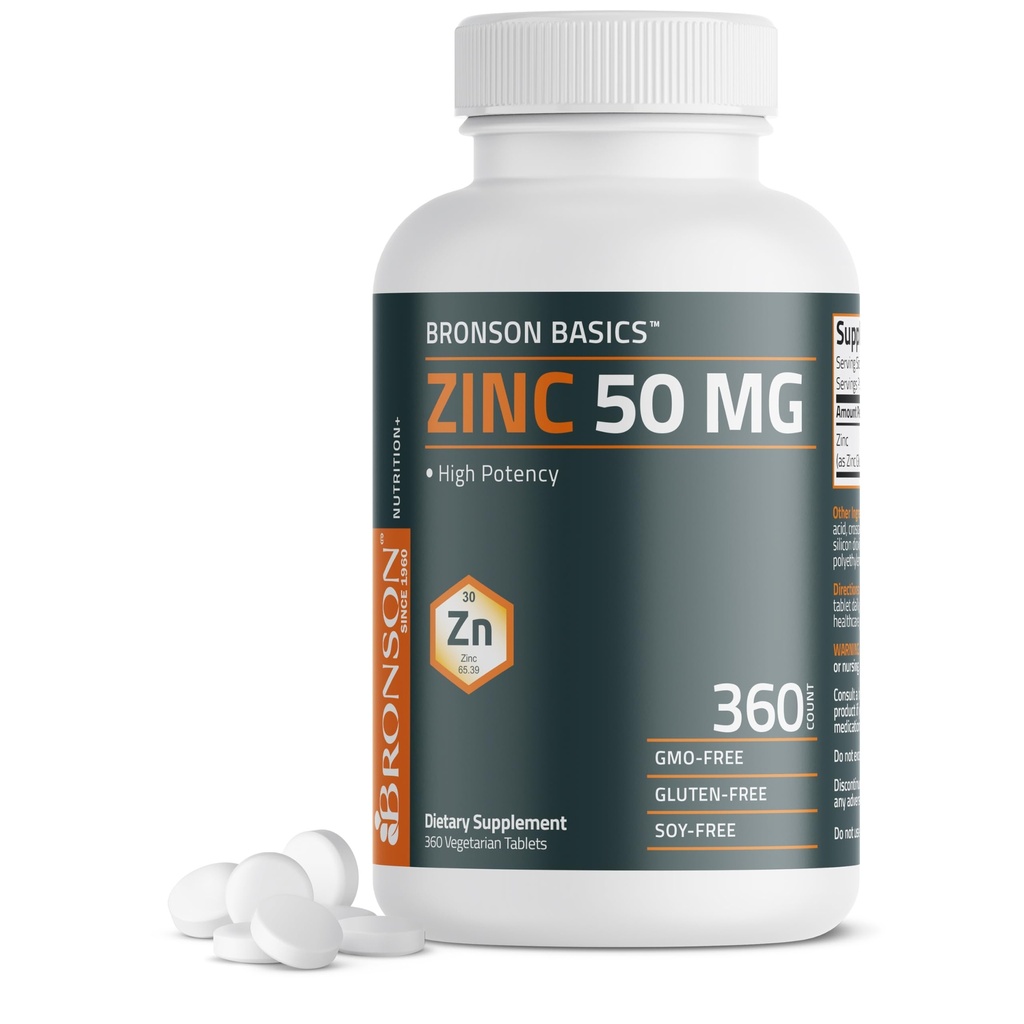 Bronson Zink 50 MG Hohe Potenz unterstützt Immun-, Antioxidantien- und Hautgesundheit - Non-GMO, 360 vegetarische Tabletten