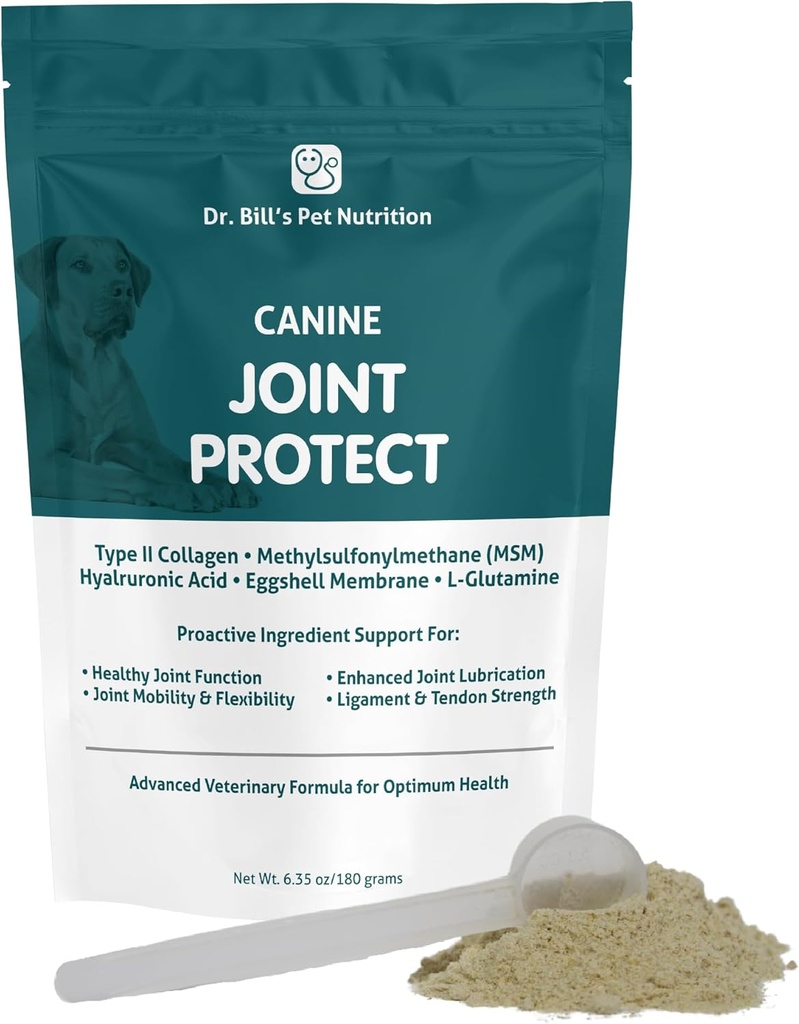 Dr. Bill’s Canine Joint Protect | Joint Support for Dogs | Pet Supplement for Ligament & Tendon Strength | Collagen Type II, Hyaluronic Acid, Eggshell Membrane and L-Glutamine